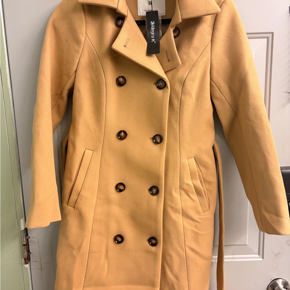 Allegra K Women's Camel Double-Breasted Trench Coat